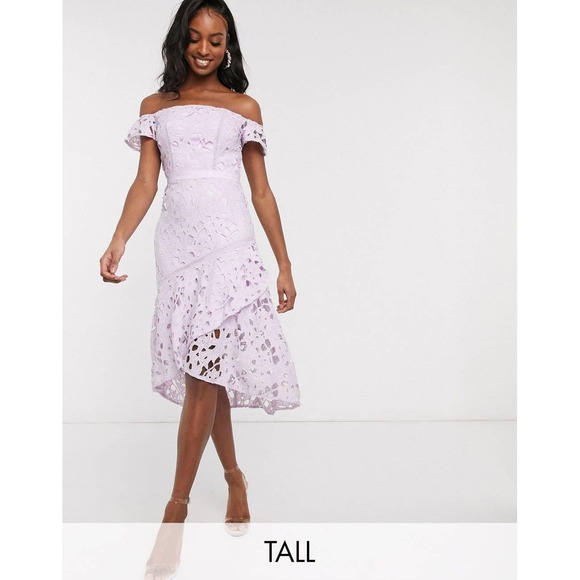 Chi Chi London Dresses & Skirts - NWT Chi Chi London Women's Purple Bardot Lace Midi Dress With Flippy Hem 8 TALL